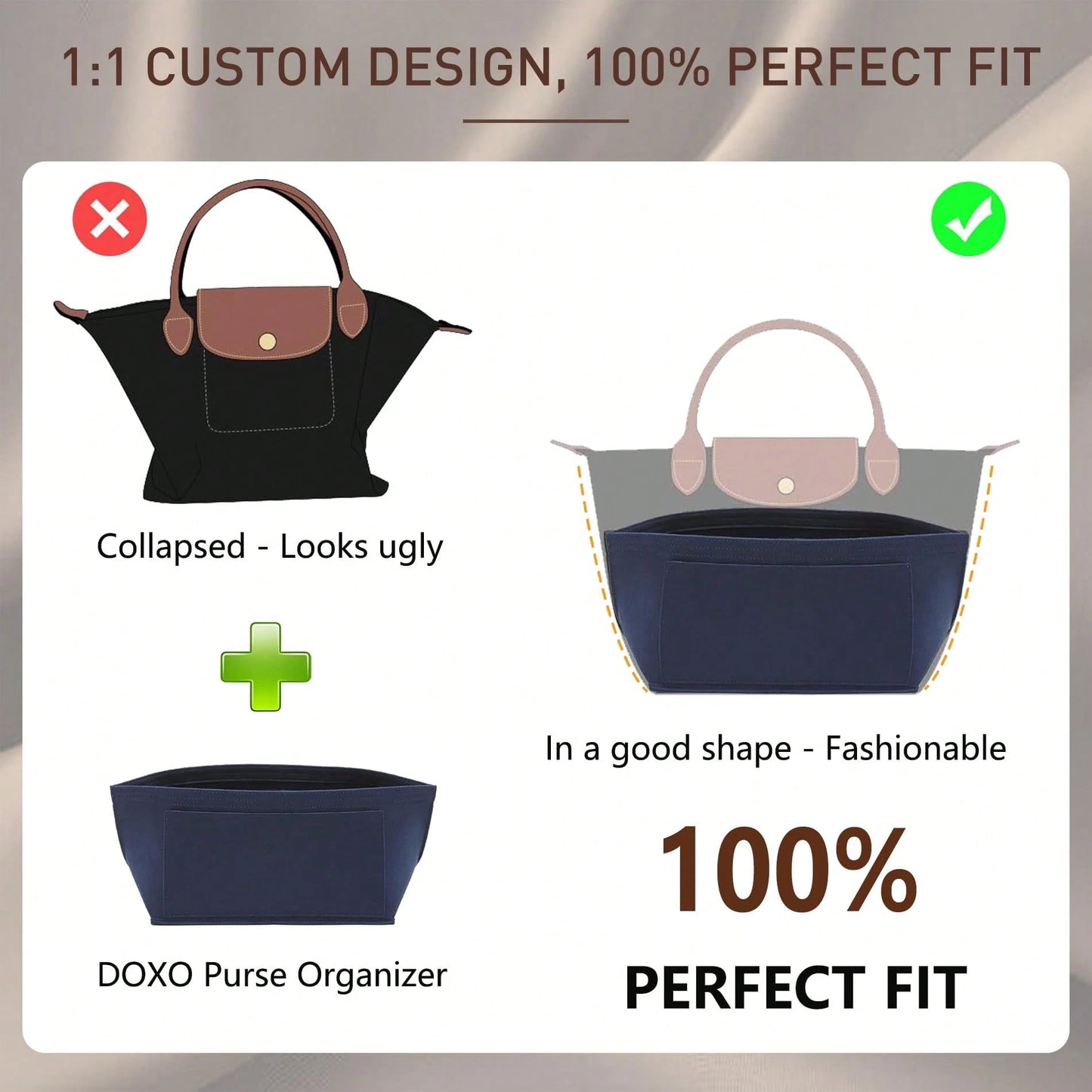 Tote Bag Felt Inner Lining Organizer Pouch, Multi-Pocket Zipper Handbag Insert