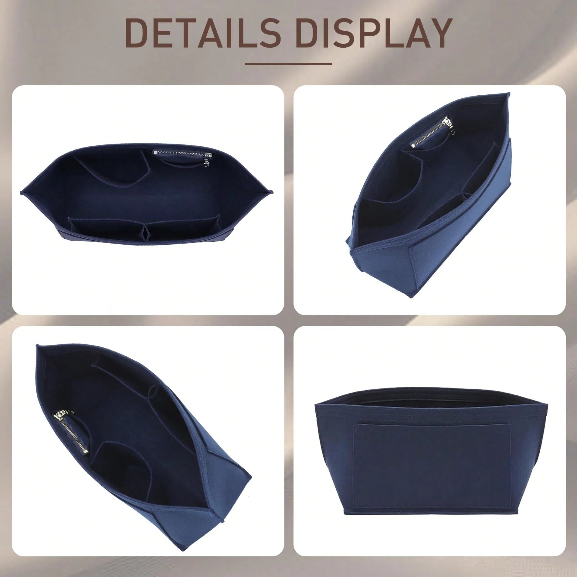 Tote Bag Felt Inner Lining Organizer Pouch, Multi-Pocket Zipper Handbag Insert