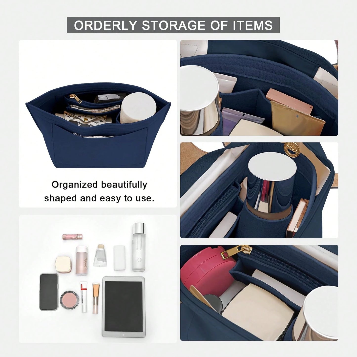Tote Bag Organizer Insert, Felt Handbag Organizer With Multiple Pockets, Zipper Pouch, Bag In Bag