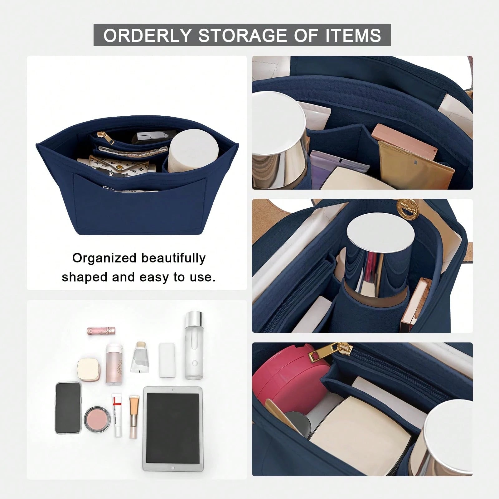 Tote Bag Organizer Insert, Felt Handbag Organizer With Multiple Pockets, Zipper Pouch, Bag In Bag