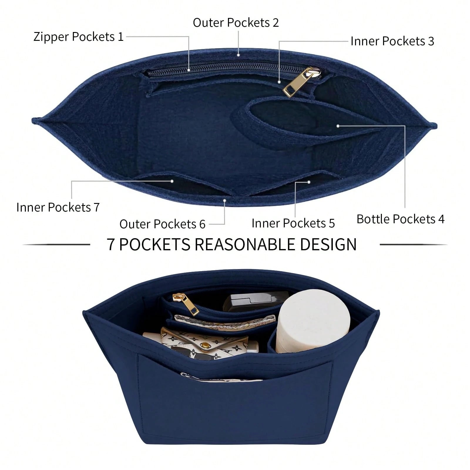 Tote Bag Organizer Insert, Felt Handbag Organizer With Multiple Pockets, Zipper Pouch, Bag In Bag