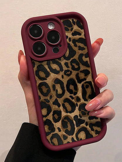 TPU Leopard Print 1pc Burgundy Leopard Print Unique Full Protective TPU Shockproof Cellphone Premium Case Compatible With IPhone Apple 16 15 14 13 12 11 Pro Max And Series Waterproof Anti-Fall Scratch
