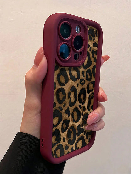 TPU Leopard Print 1pc Burgundy Leopard Print Unique Full Protective TPU Shockproof Cellphone Premium Case Compatible With IPhone Apple 16 15 14 13 12 11 Pro Max And Series Waterproof Anti-Fall Scratch