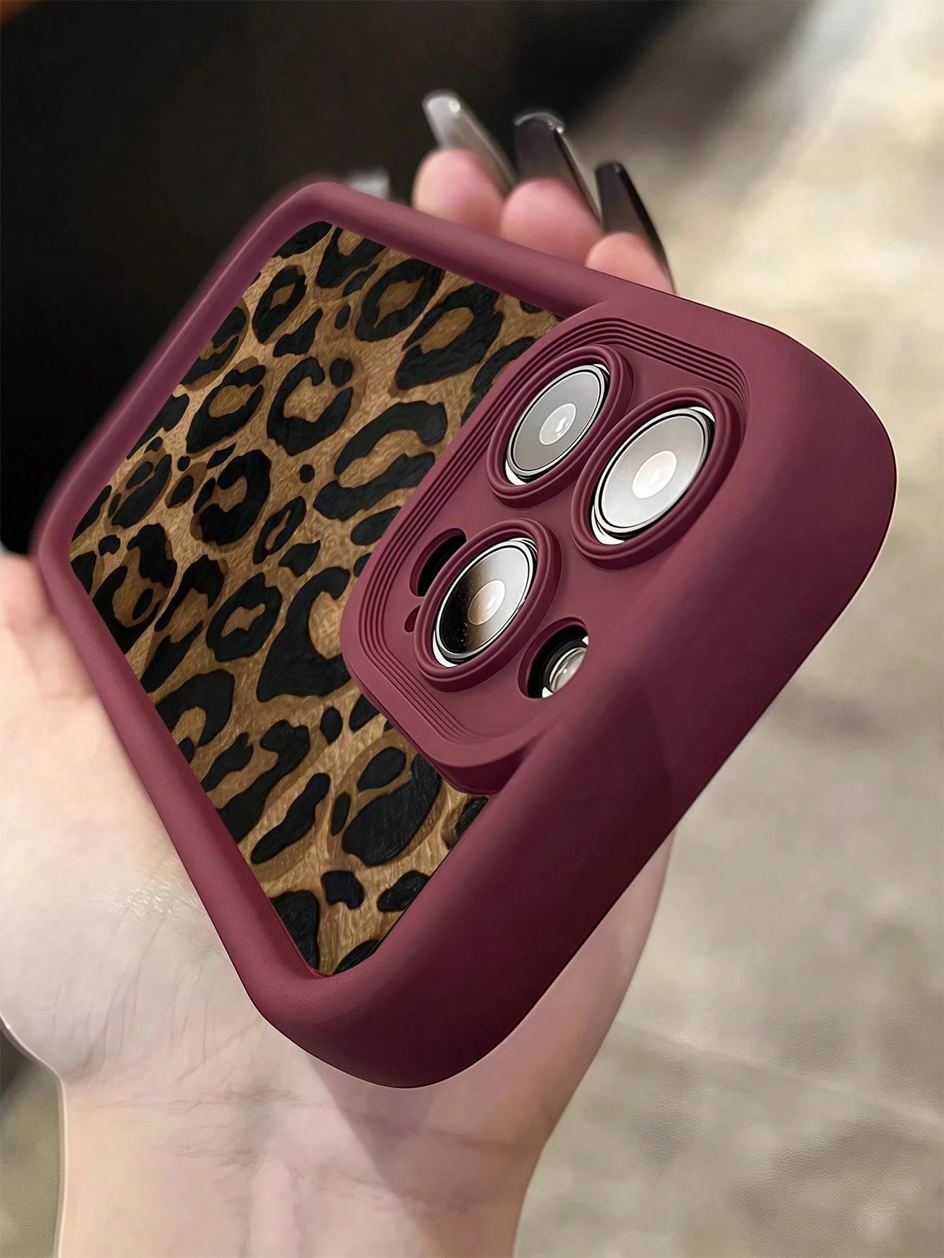 TPU Leopard Print 1pc Burgundy Leopard Print Unique Full Protective TPU Shockproof Cellphone Premium Case Compatible With IPhone Apple 16 15 14 13 12 11 Pro Max And Series Waterproof Anti-Fall Scratch