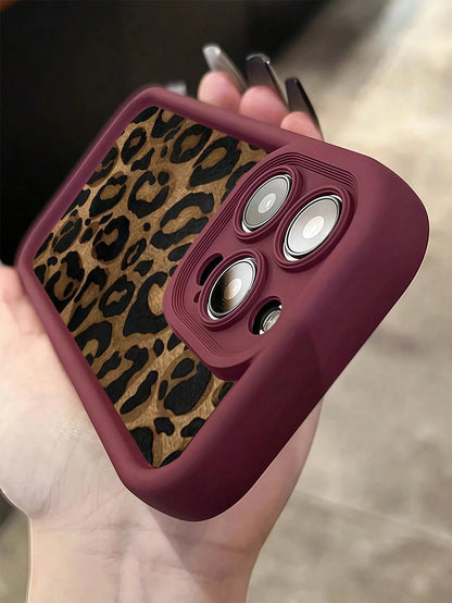TPU Leopard Print 1pc Burgundy Leopard Print Unique Full Protective TPU Shockproof Cellphone Premium Case Compatible With IPhone Apple 16 15 14 13 12 11 Pro Max And Series Waterproof Anti-Fall Scratch