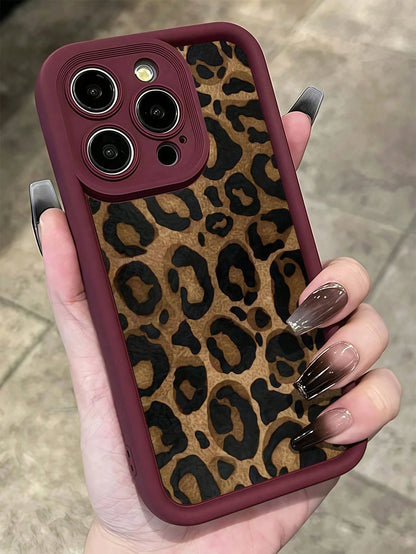 TPU Leopard Print 1pc Burgundy Leopard Print Unique Full Protective TPU Shockproof Cellphone Premium Case Compatible With IPhone Apple 16 15 14 13 12 11 Pro Max And Series Waterproof Anti-Fall Scratch