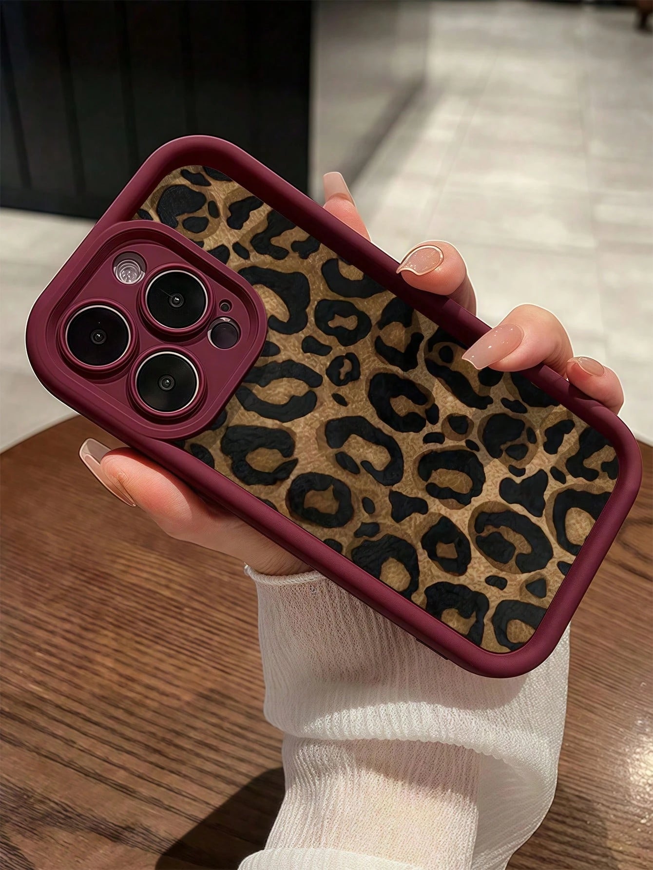 TPU Leopard Print 1pc Burgundy Leopard Print Unique Full Protective TPU Shockproof Cellphone Premium Case Compatible With IPhone Apple 16 15 14 13 12 11 Pro Max And Series Waterproof Anti-Fall Scratch