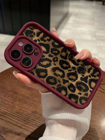 TPU Leopard Print 1pc Burgundy Leopard Print Unique Full Protective TPU Shockproof Cellphone Premium Case Compatible With IPhone Apple 16 15 14 13 12 11 Pro Max And Series Waterproof Anti-Fall Scratch