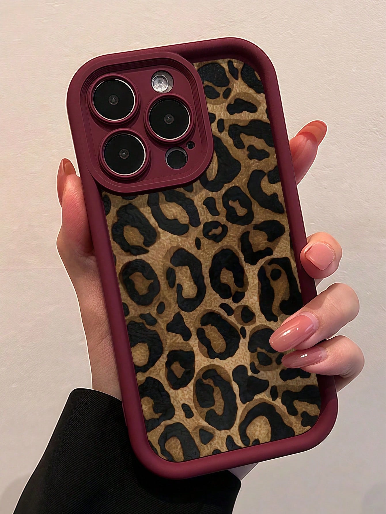 TPU Leopard Print 1pc Burgundy Leopard Print Unique Full Protective TPU Shockproof Cellphone Premium Case Compatible With IPhone Apple 16 15 14 13 12 11 Pro Max And Series Waterproof Anti-Fall Scratch