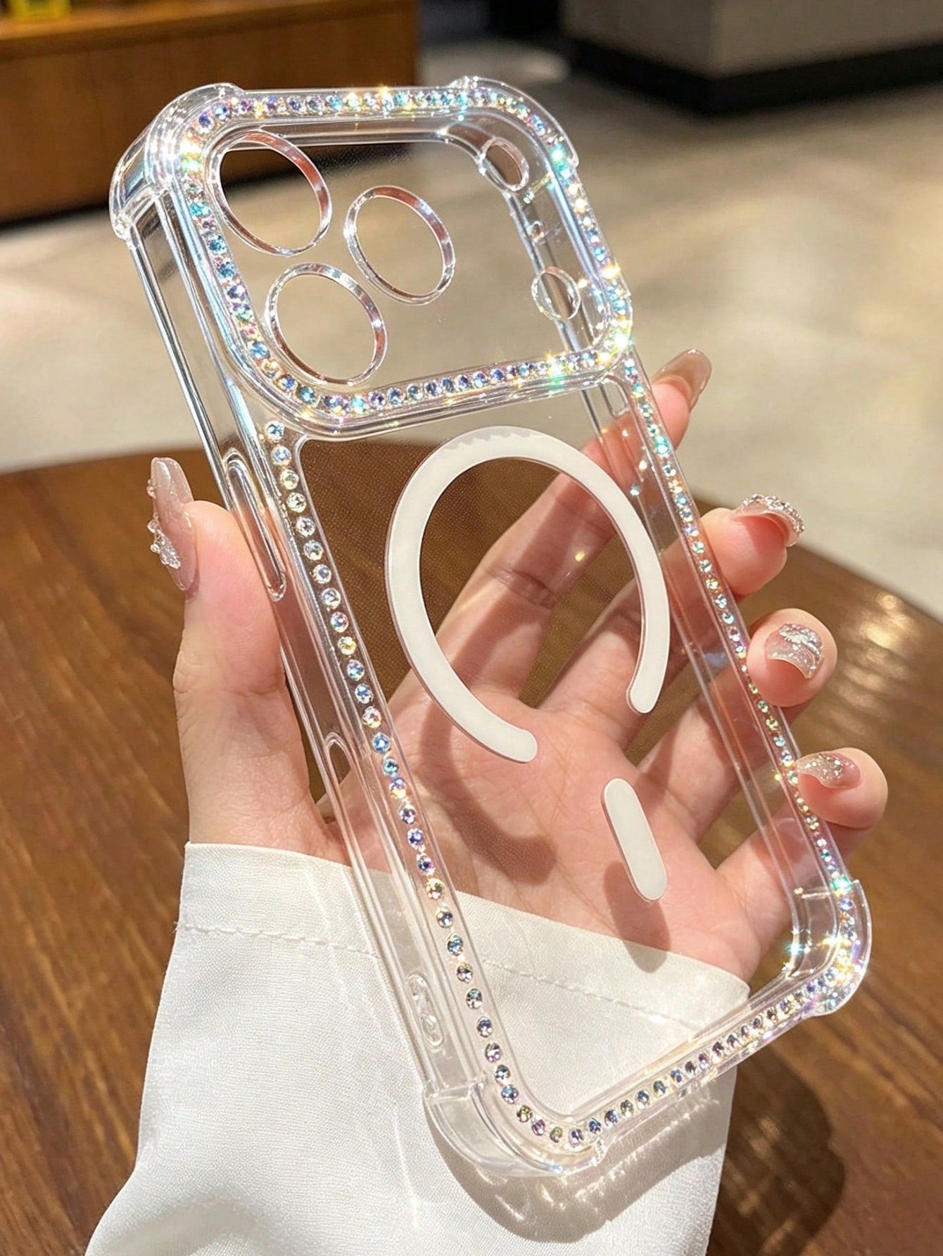 Transparent Shiny AB Rhinestone Magnetic Phone Case, Compatible With IPhone 18 Pro Max, Shockproof Airbag Corner MagSafe Transparent Case, With Shiny Diamond Frame, Soft Edge Hard Back Protective Shel