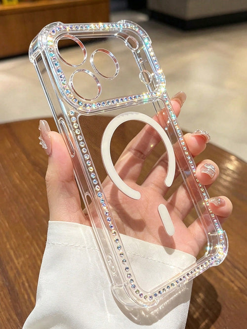 Transparent Shiny AB Rhinestone Magnetic Phone Case, Compatible With IPhone 18 Pro Max, Shockproof Airbag Corner MagSafe Transparent Case, With Shiny Diamond Frame, Soft Edge Hard Back Protective Shel