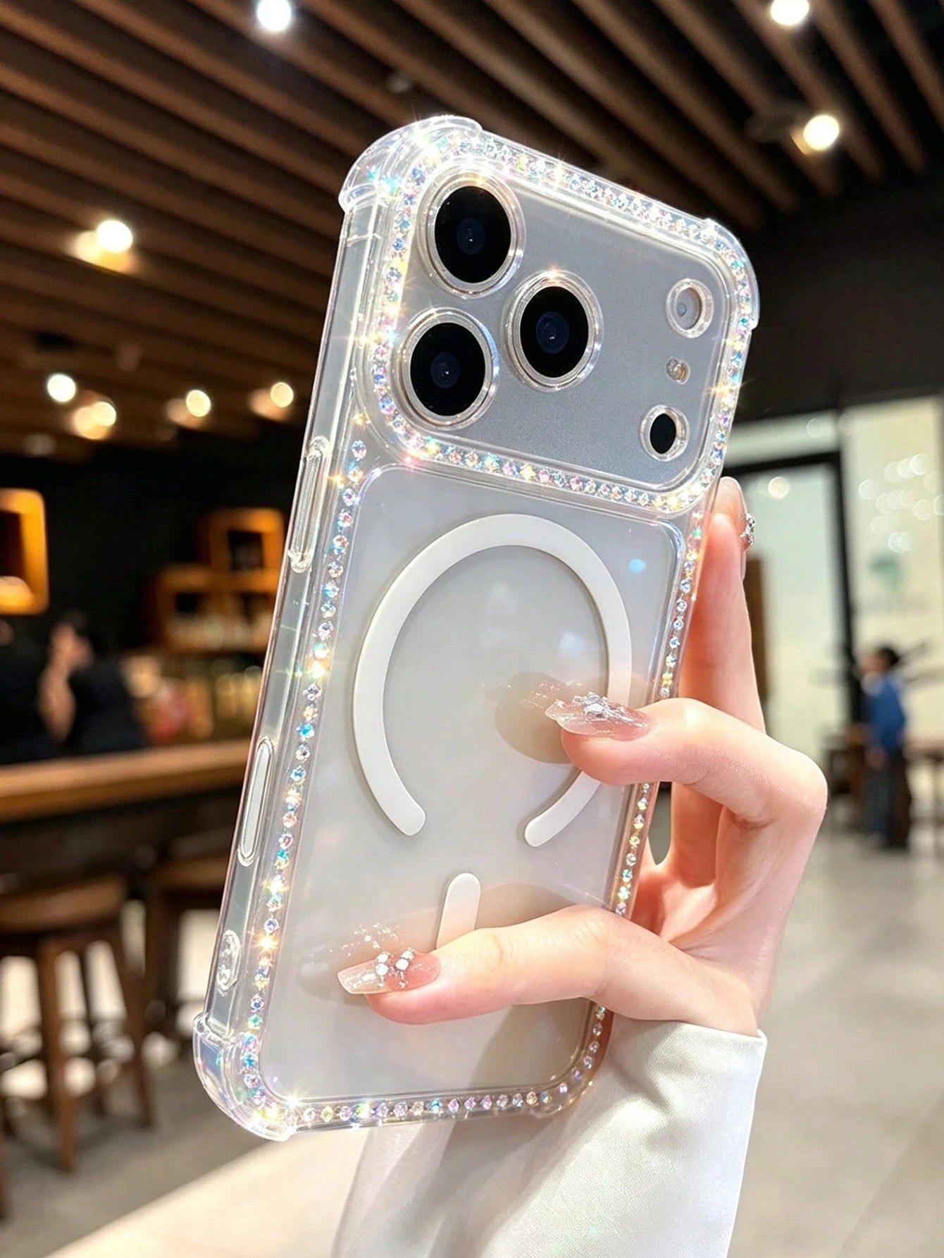 Transparent Shiny AB Rhinestone Magnetic Phone Case, Compatible With IPhone 18 Pro Max, Shockproof Airbag Corner MagSafe Transparent Case, With Shiny Diamond Frame, Soft Edge Hard Back Protective Shel
