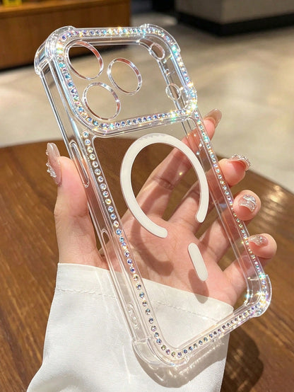 Transparent Shiny AB Rhinestone Magnetic Phone Case, Compatible With IPhone 18 Pro Max, Shockproof Airbag Corner MagSafe Transparent Case, With Shiny Diamond Frame, Soft Edge Hard Back Protective Shel