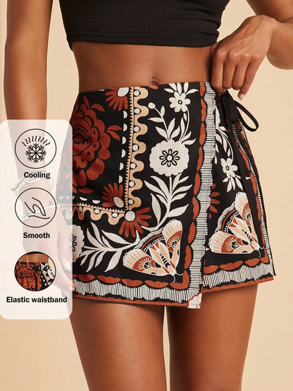 Travachic Boho 1960s Vintage Black Floral Summer Vacation Casual Holiday Beach Shorts Pants With Tie Waist Ruffle Trim For Women,Tropical Ibiza Outfits