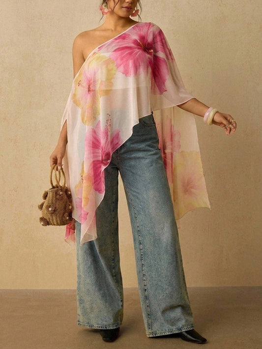 Travachic Plus Size Asymmetrical Collar Batwing Sleeve White Botanical Print Shirt Vacation Autumn Summer Tropical Kawaii Streetwear Beach Printed Top Beach