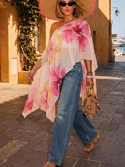 Travachic Plus Size Asymmetrical Collar Batwing Sleeve White Botanical Print Shirt Vacation Autumn Summer Tropical Kawaii Streetwear Beach Printed Top Beach