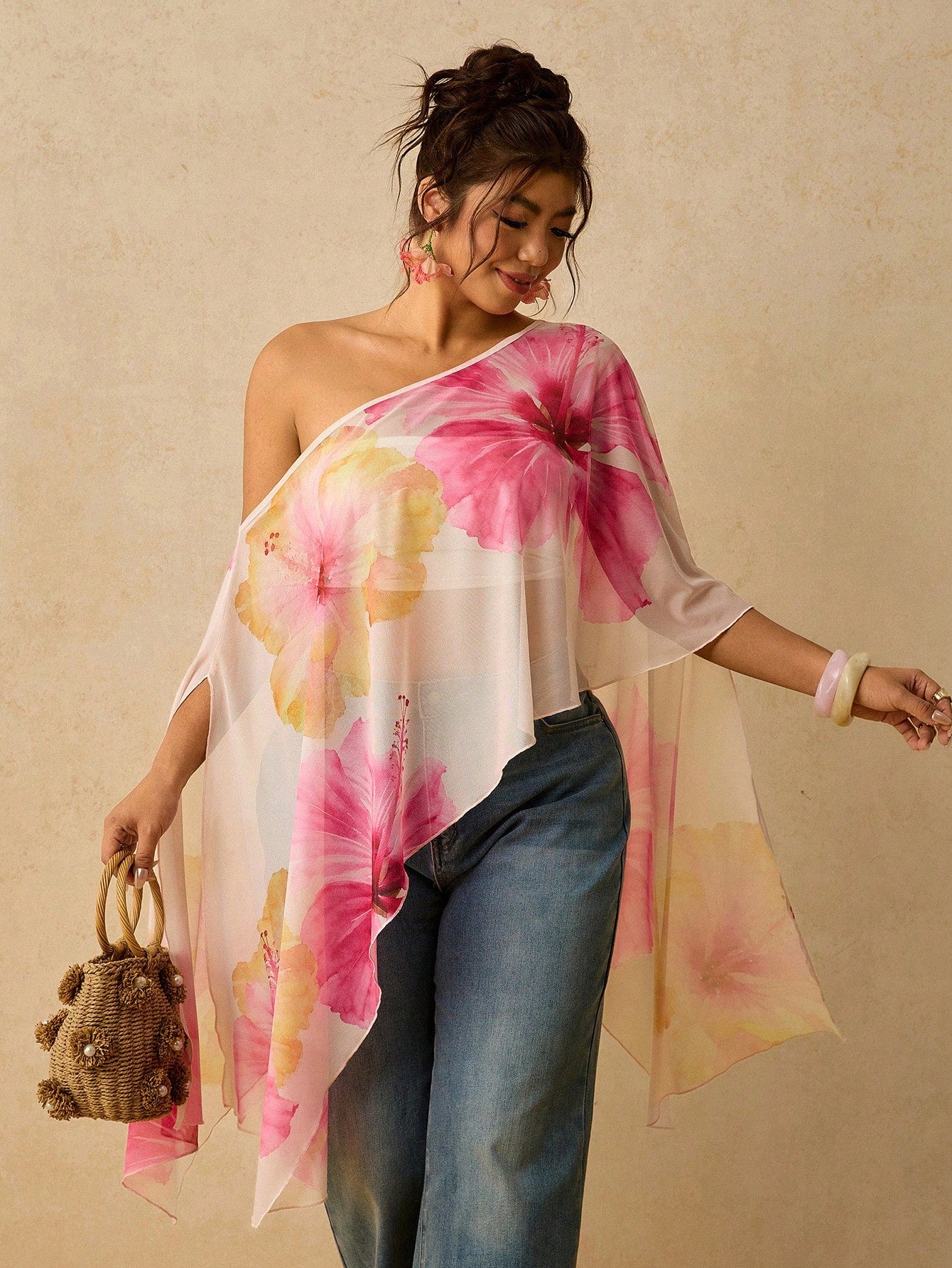 Travachic Plus Size Asymmetrical Collar Batwing Sleeve White Botanical Print Shirt Vacation Autumn Summer Tropical Kawaii Streetwear Beach Printed Top Beach