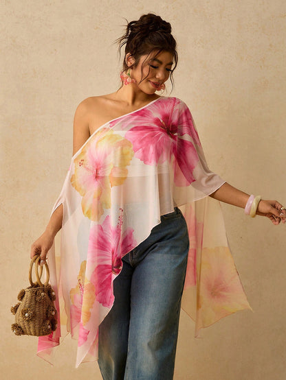 Travachic Plus Size Asymmetrical Collar Batwing Sleeve White Botanical Print Shirt Vacation Autumn Summer Tropical Kawaii Streetwear Beach Printed Top Beach