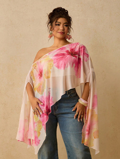 Travachic Plus Size Asymmetrical Collar Batwing Sleeve White Botanical Print Shirt Vacation Autumn Summer Tropical Kawaii Streetwear Beach Printed Top Beach
