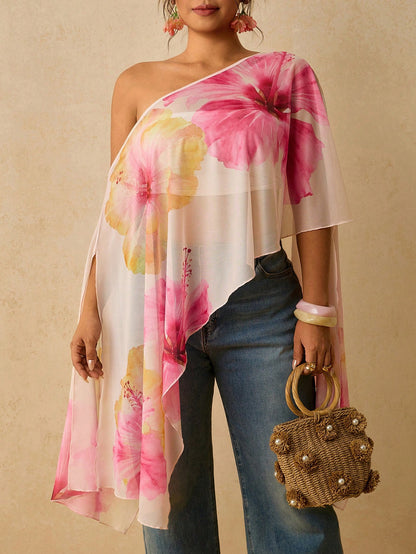 Travachic Plus Size Asymmetrical Collar Batwing Sleeve White Botanical Print Shirt Vacation Autumn Summer Tropical Kawaii Streetwear Beach Printed Top Beach