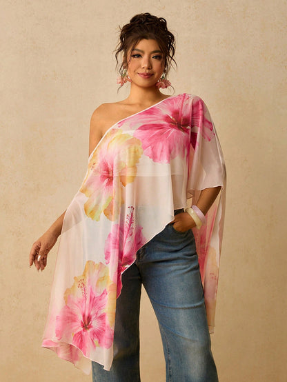 Travachic Plus Size Asymmetrical Collar Batwing Sleeve White Botanical Print Shirt Vacation Autumn Summer Tropical Kawaii Streetwear Beach Printed Top Beach