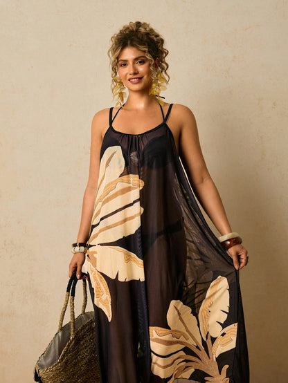 Travachic Plus Size Casual Tropical Beach Vacation Loose Fit Sleeveless Print Long Coverup For Women