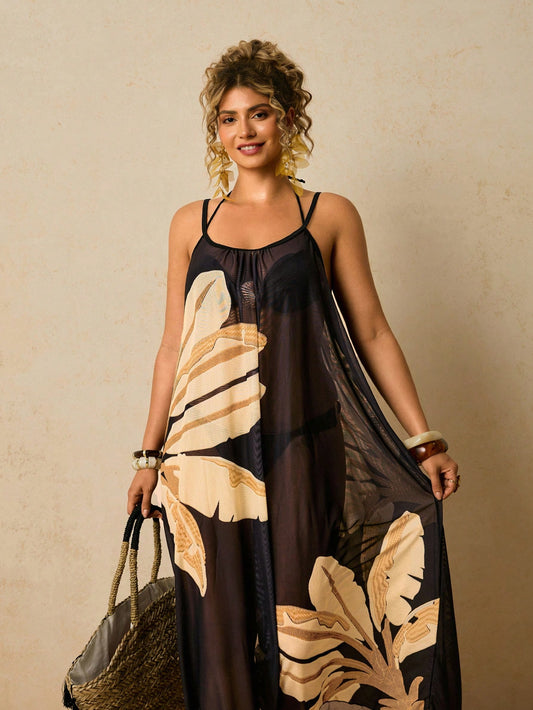 Travachic Plus Size Casual Tropical Beach Vacation Loose Fit Sleeveless Print Long Coverup For Women