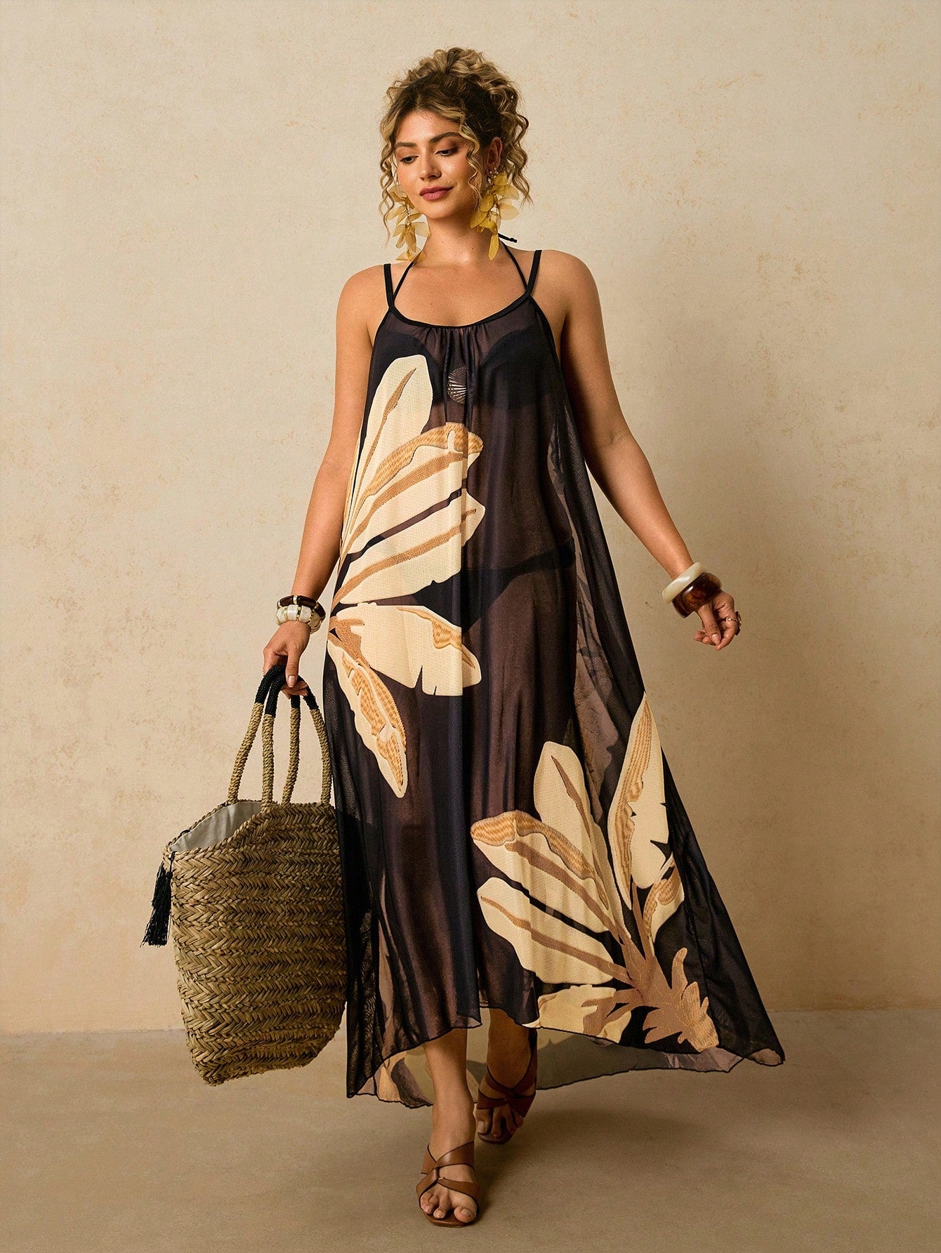 Travachic Plus Size Casual Tropical Beach Vacation Loose Fit Sleeveless Print Long Coverup For Women