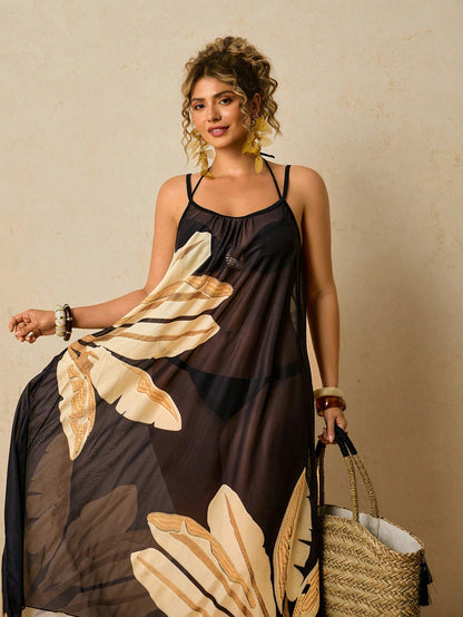 Travachic Plus Size Casual Tropical Beach Vacation Loose Fit Sleeveless Print Long Coverup For Women