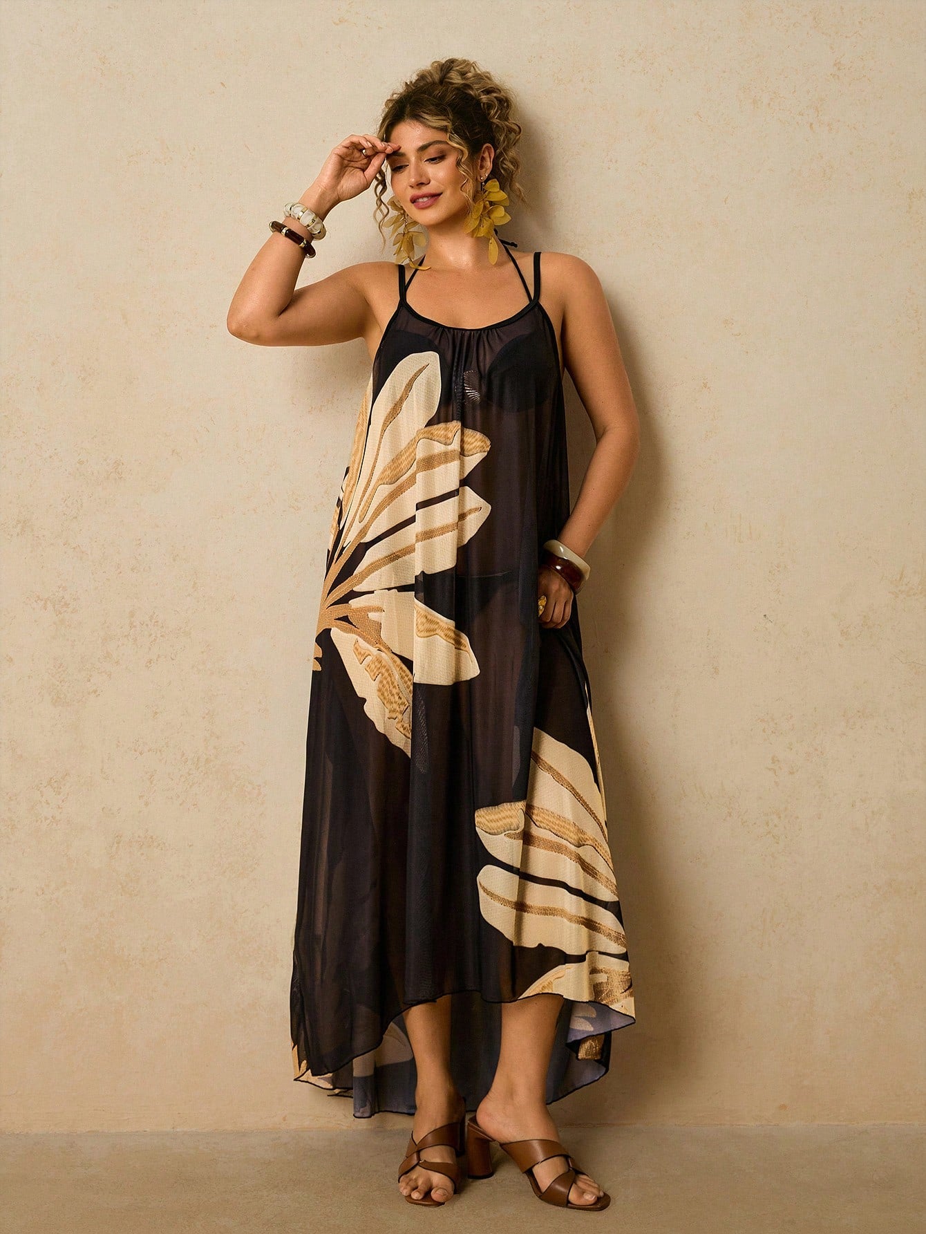 Travachic Plus Size Casual Tropical Beach Vacation Loose Fit Sleeveless Print Long Coverup For Women