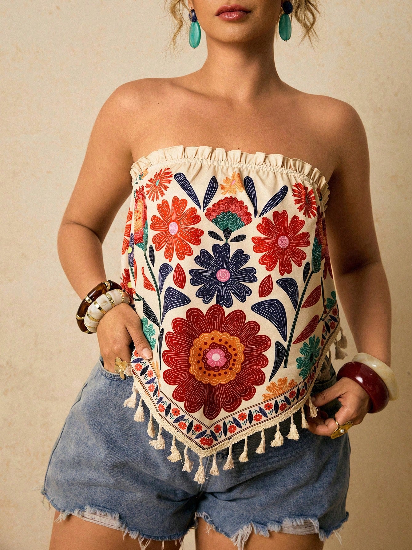 Travachic Plus Size Cropped Top, Women Summer Floral Print Loose Tube Top
