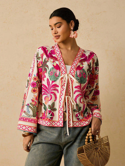 Travachic Retro Print Tie Front Casual Bohemian Plus Size Blouse For Women Autumn Silk Anthropologie Clothes Cozy And Elegant Pink Tops Vacation Wedding Guest