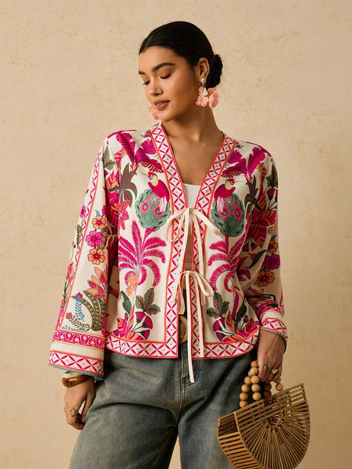 Travachic Retro Print Tie Front Casual Bohemian Plus Size Blouse For Women Autumn Silk Anthropologie Clothes Cozy And Elegant Pink Tops Vacation Wedding Guest