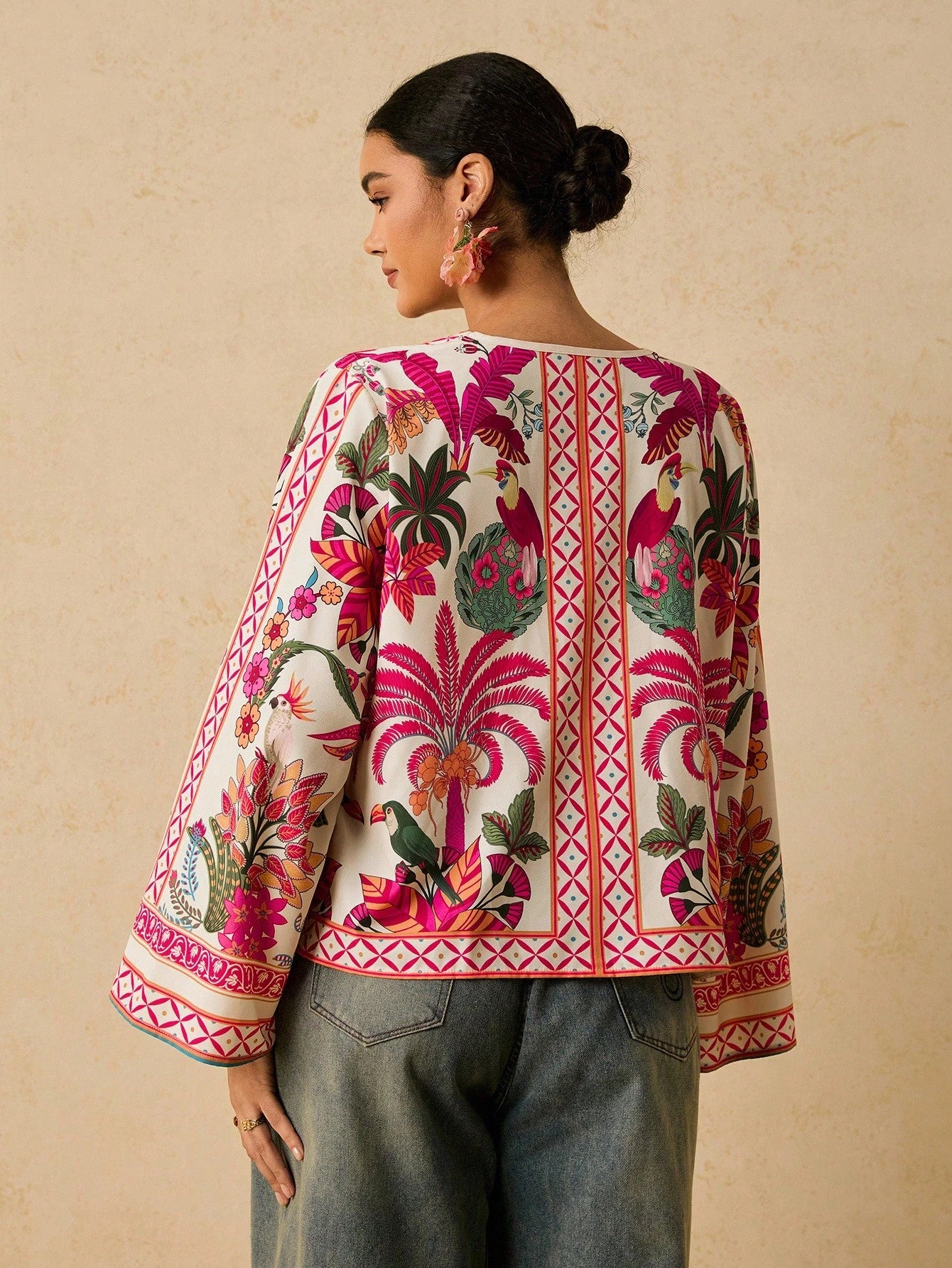 Travachic Retro Print Tie Front Casual Bohemian Plus Size Blouse For Women Autumn Silk Anthropologie Clothes Cozy And Elegant Pink Tops Vacation Wedding Guest