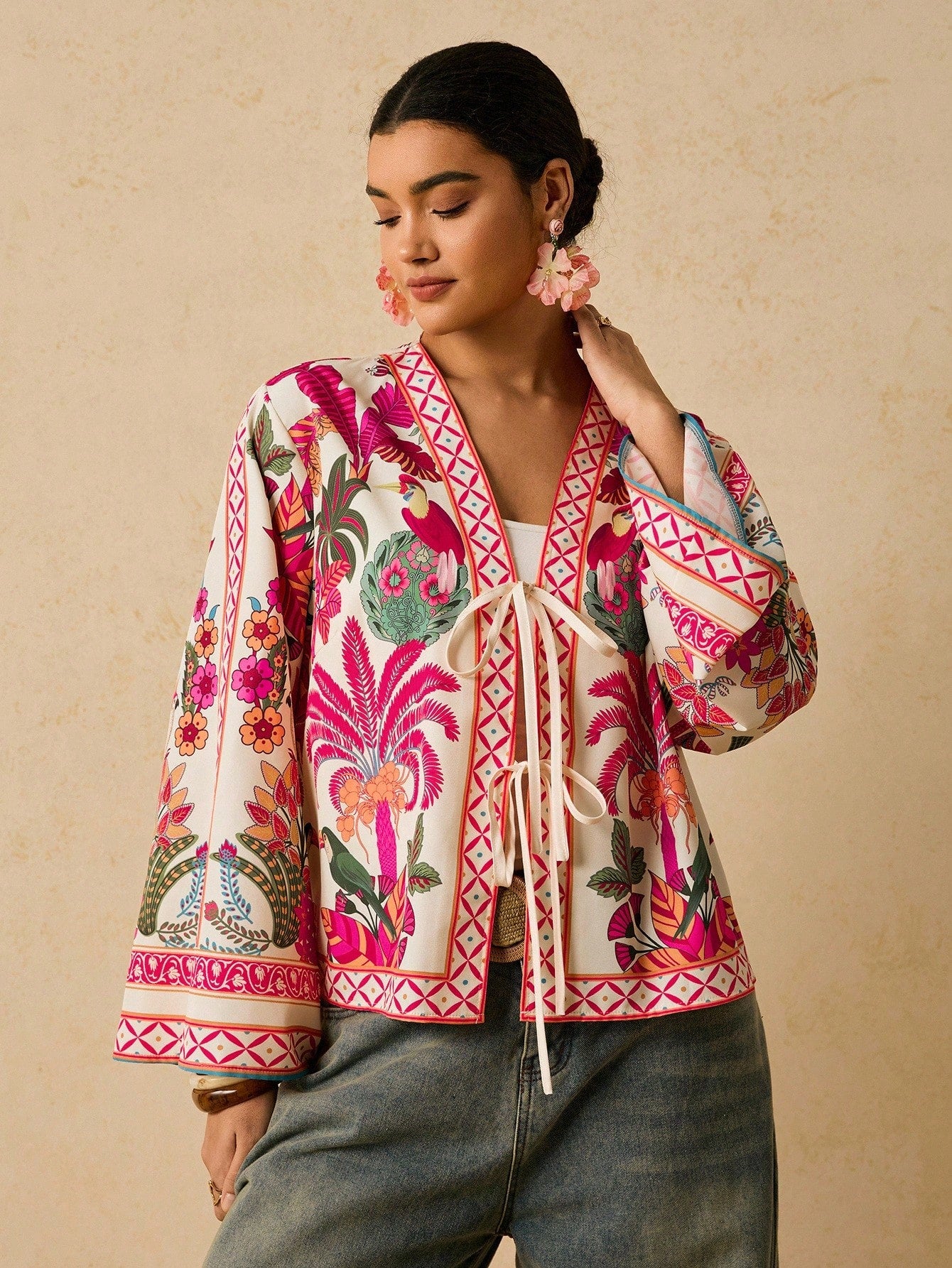 Travachic Retro Print Tie Front Casual Bohemian Plus Size Blouse For Women Autumn Silk Anthropologie Clothes Cozy And Elegant Pink Tops Vacation Wedding Guest