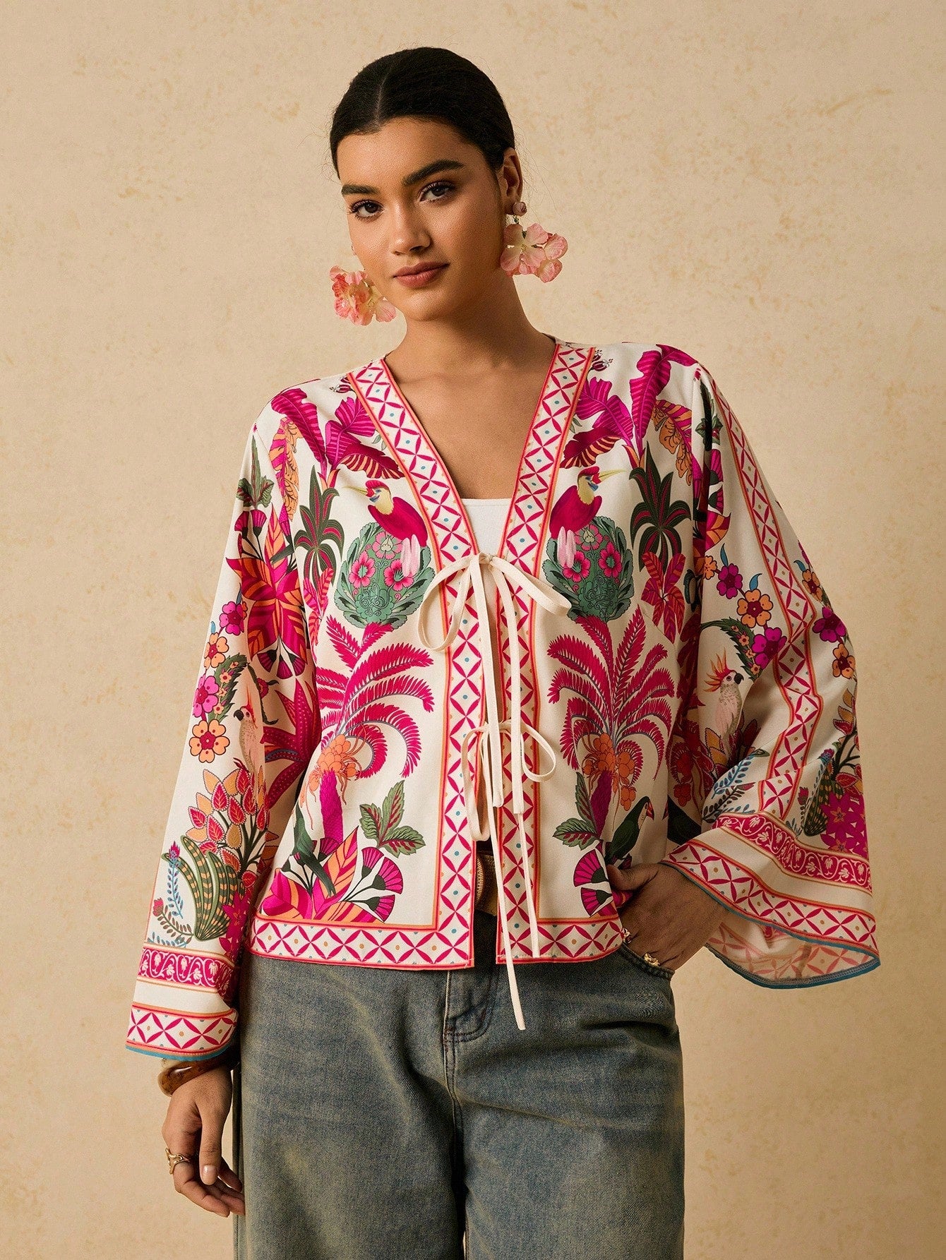 Travachic Retro Print Tie Front Casual Bohemian Plus Size Blouse For Women Autumn Silk Anthropologie Clothes Cozy And Elegant Pink Tops Vacation Wedding Guest