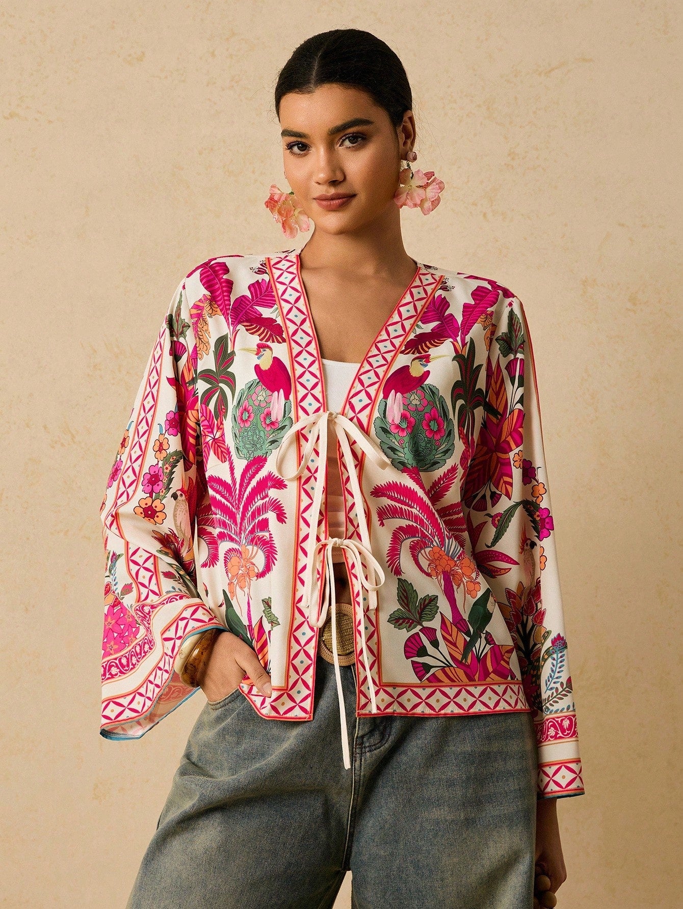 Travachic Retro Print Tie Front Casual Bohemian Plus Size Blouse For Women Autumn Silk Anthropologie Clothes Cozy And Elegant Pink Tops Vacation Wedding Guest