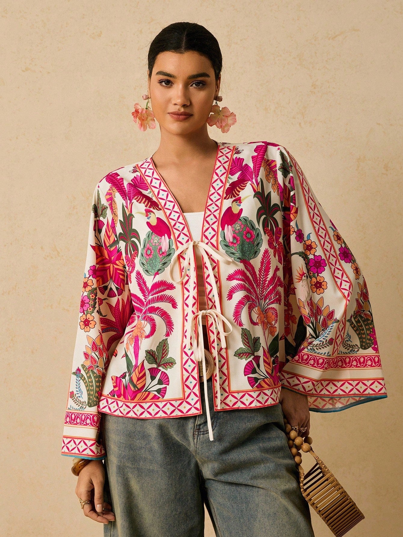 Travachic Retro Print Tie Front Casual Bohemian Plus Size Blouse For Women Autumn Silk Anthropologie Clothes Cozy And Elegant Pink Tops Vacation Wedding Guest