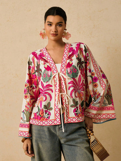 Travachic Retro Print Tie Front Casual Bohemian Plus Size Blouse For Women Autumn Silk Anthropologie Clothes Cozy And Elegant Pink Tops Vacation Wedding Guest