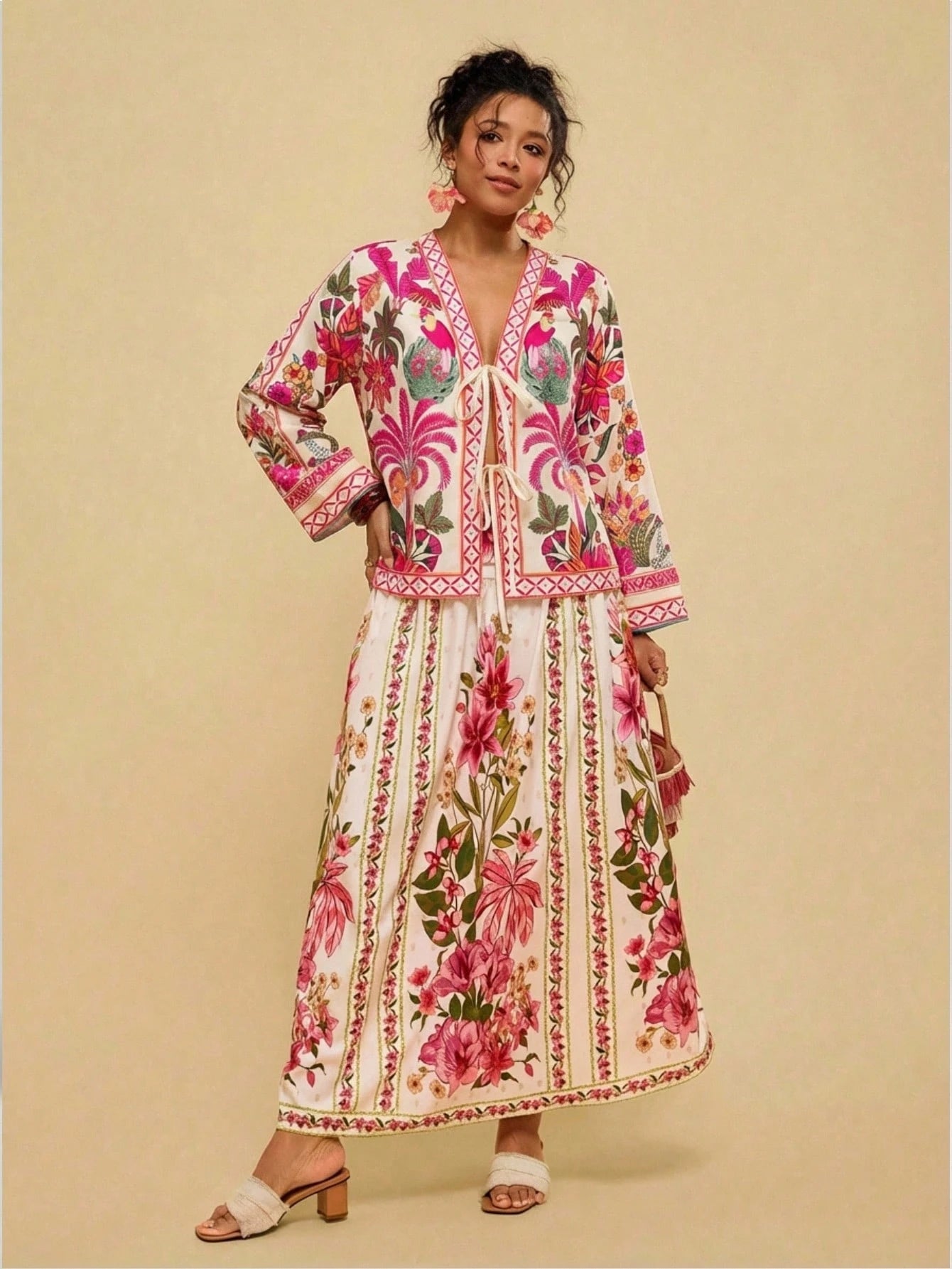 Travachic Retro Print Tie Front Casual Bohemian Plus Size Blouse For Women Autumn Silk Anthropologie Clothes Cozy And Elegant Pink Tops Vacation Wedding Guest