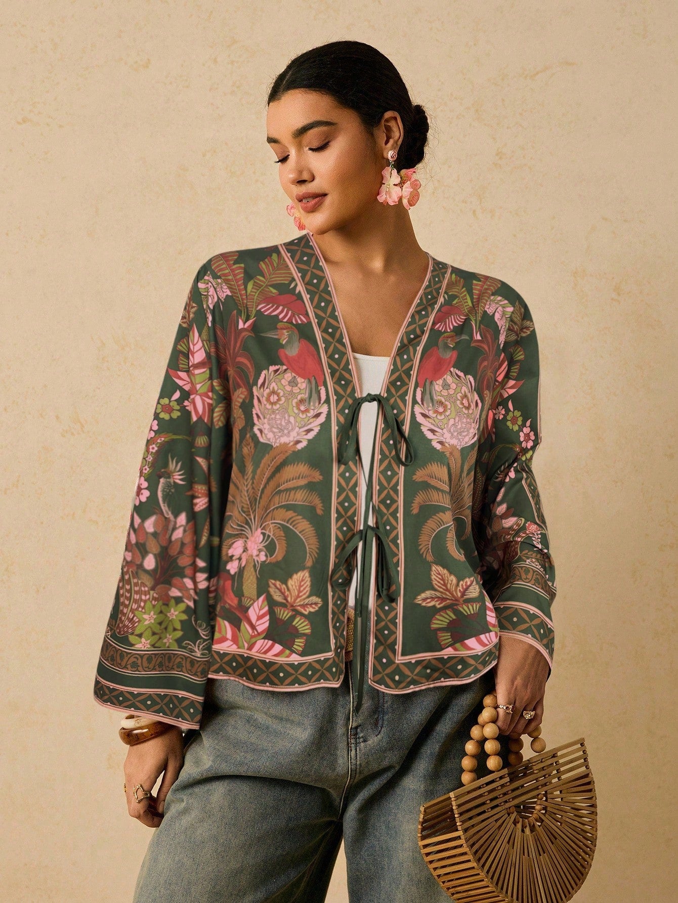 Travachic Retro Print Tie Front Casual Bohemian Plus Size Blouse For Women Autumn Silk Anthropologie Clothes Cozy And Elegant Pink Tops Vacation Wedding Guest