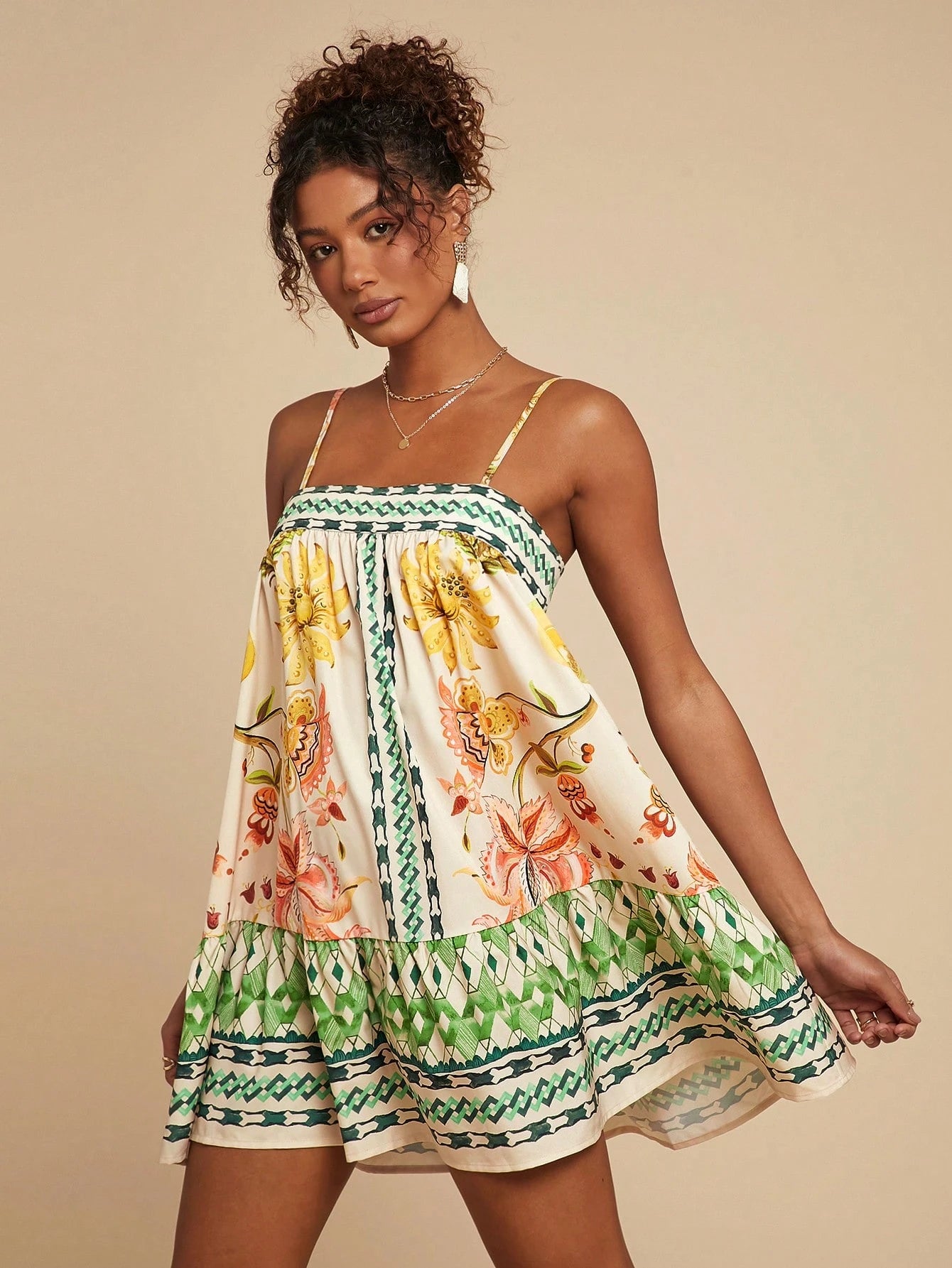 Travachic Women's Floral Print Slip Dress, Beige Summer Boho Sexy Breezy Holiday Vacation, Casual Bohemian Outfits For Beach Music Festival, Concert Wedding