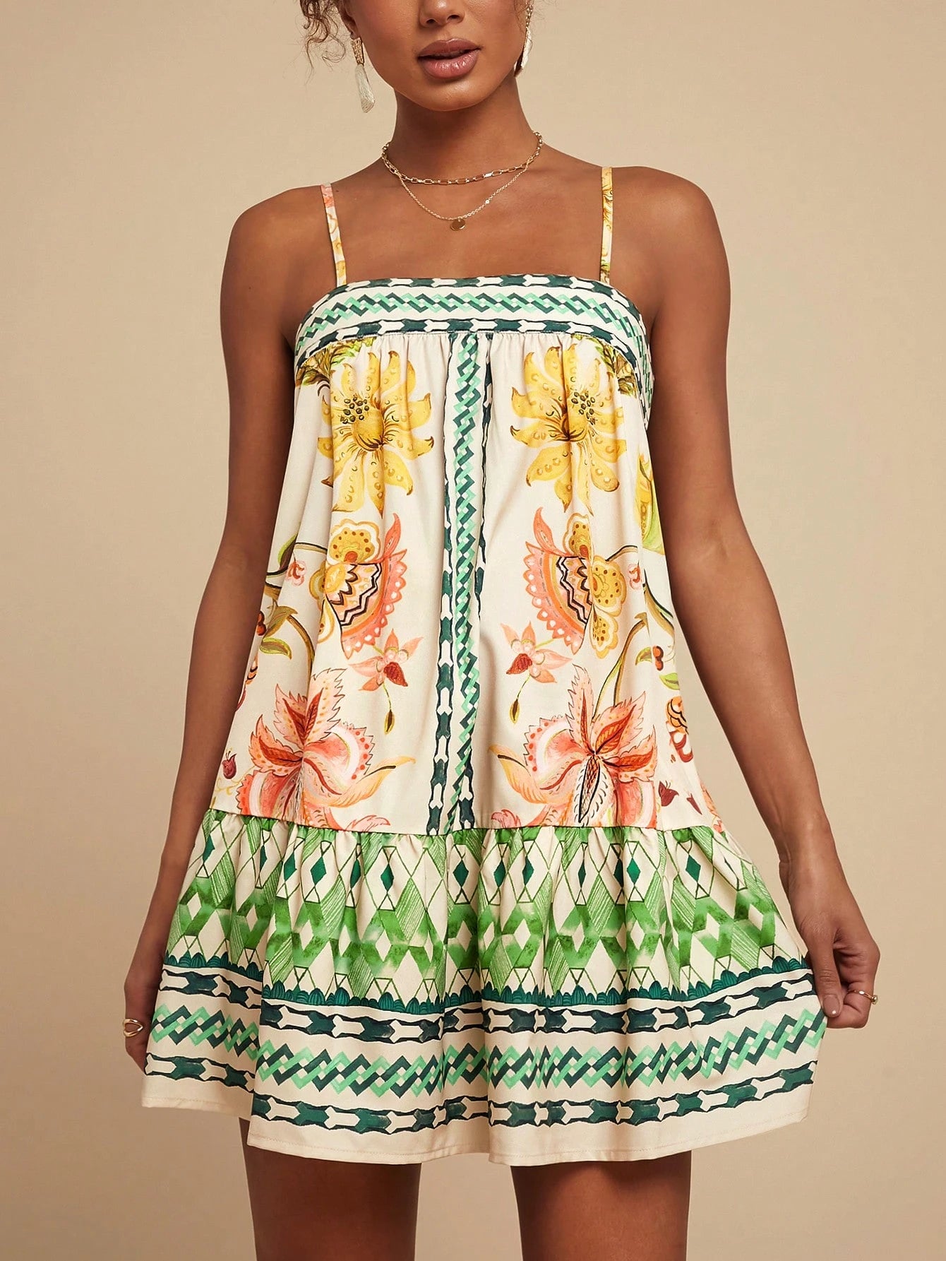 Travachic Women's Floral Print Slip Dress, Beige Summer Boho Sexy Breezy Holiday Vacation, Casual Bohemian Outfits For Beach Music Festival, Concert Wedding