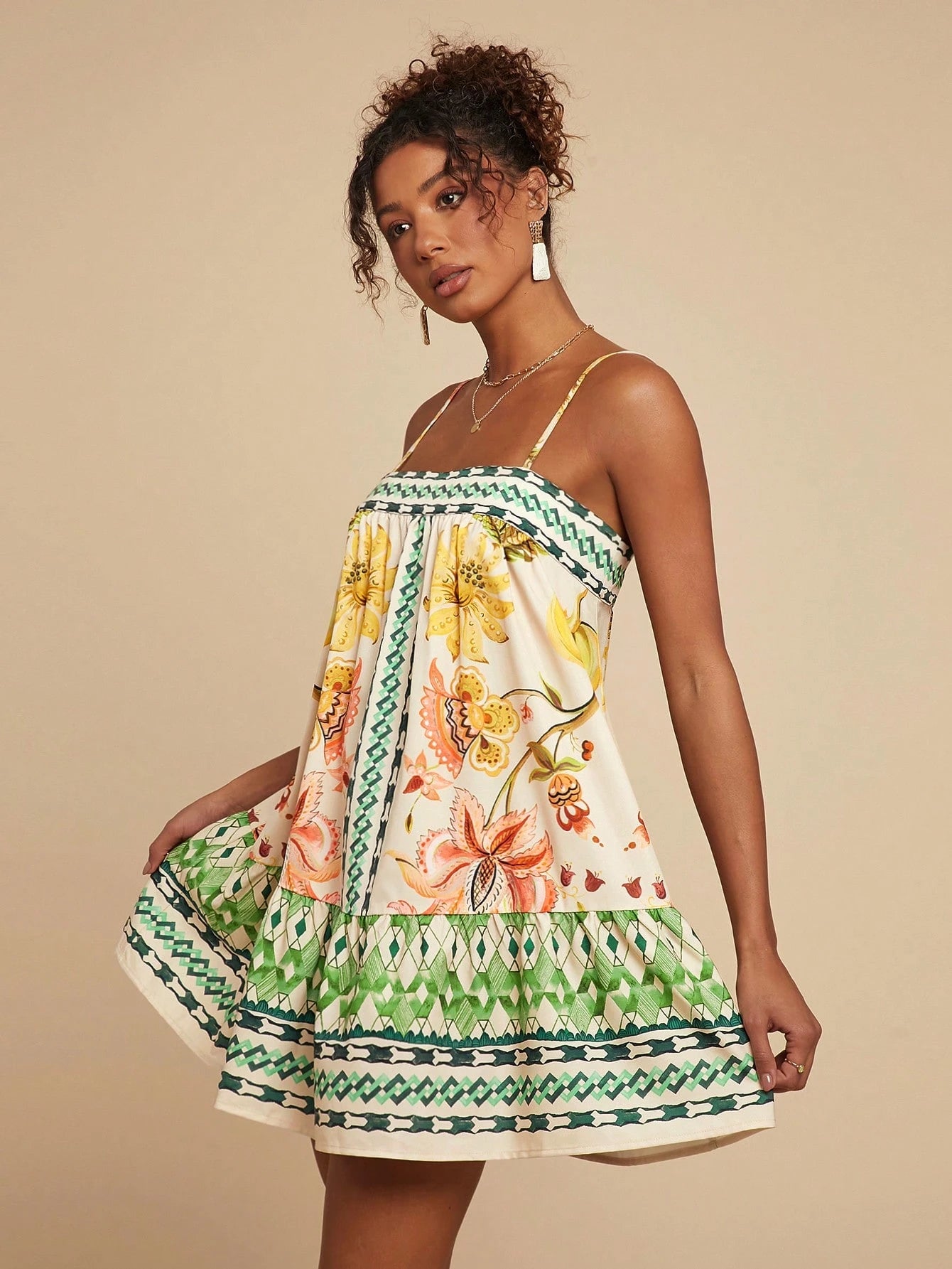 Travachic Women's Floral Print Slip Dress, Beige Summer Boho Sexy Breezy Holiday Vacation, Casual Bohemian Outfits For Beach Music Festival, Concert Wedding