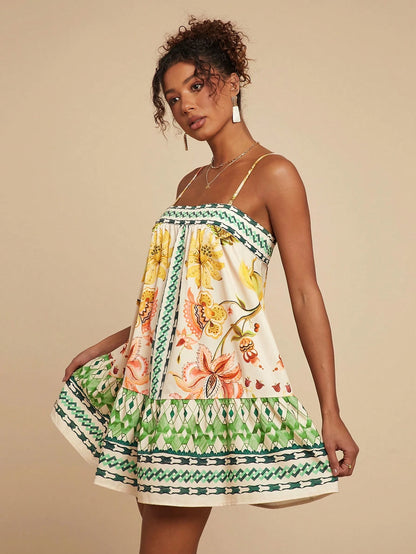 Travachic Women's Floral Print Slip Dress, Beige Summer Boho Sexy Breezy Holiday Vacation, Casual Bohemian Outfits For Beach Music Festival, Concert Wedding