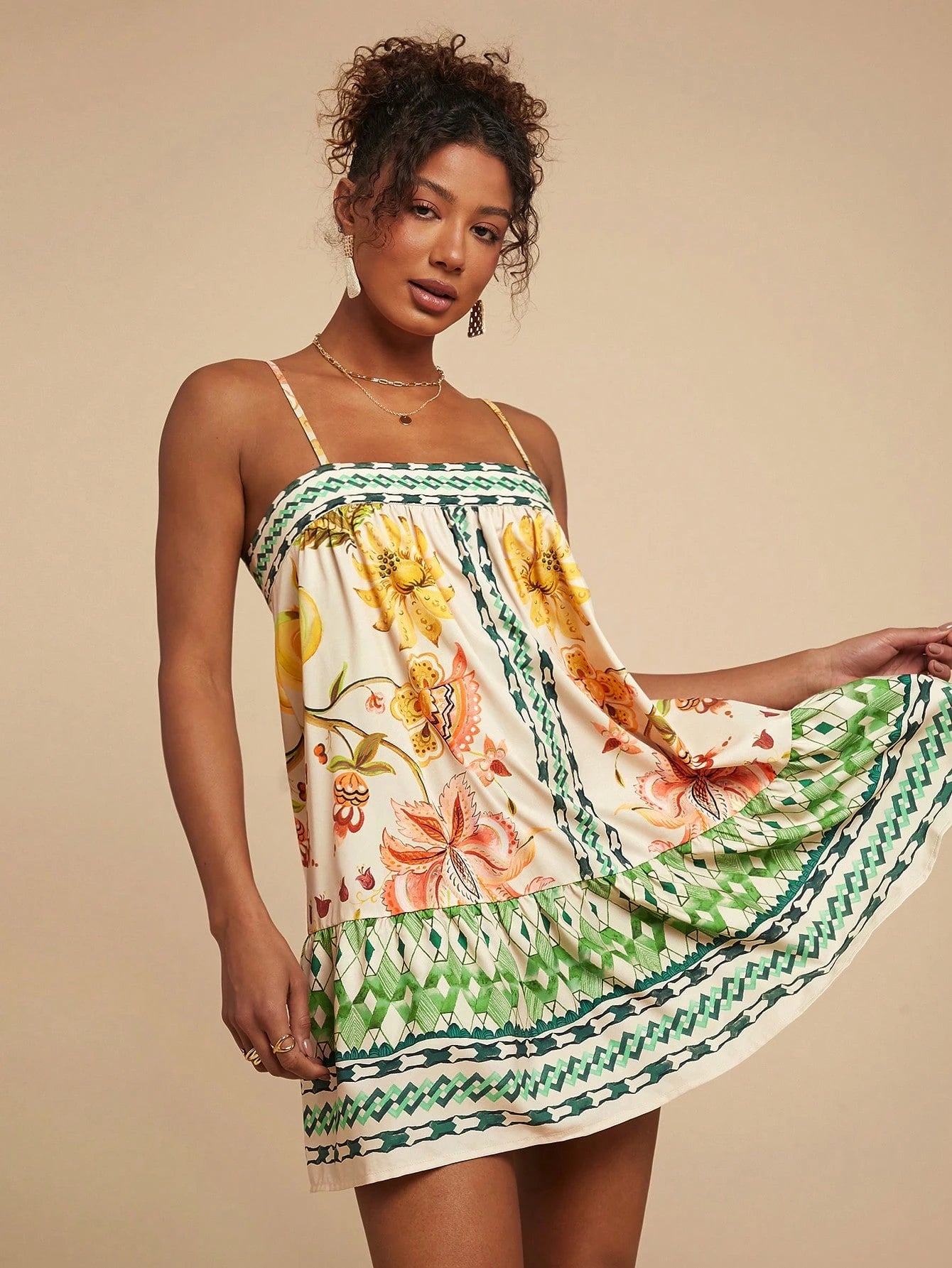 Travachic Women's Floral Print Slip Dress, Beige Summer Boho Sexy Breezy Holiday Vacation, Casual Bohemian Outfits For Beach Music Festival, Concert Wedding