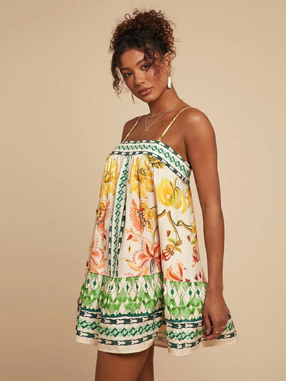 Travachic Women's Floral Print Slip Dress, Beige Summer Boho Sexy Breezy Holiday Vacation, Casual Bohemian Outfits For Beach Music Festival, Concert Wedding