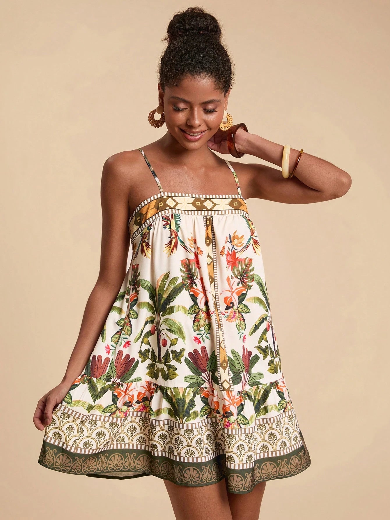 Travachic Women's Floral Print Slip Dress, Beige Summer Boho Sexy Breezy Holiday Vacation, Casual Bohemian Outfits For Beach Music Festival, Concert Wedding