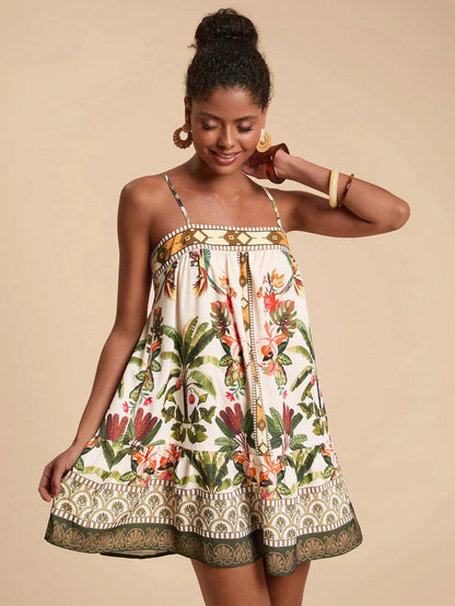 Travachic Women's Floral Print Slip Dress, Beige Summer Boho Sexy Breezy Holiday Vacation, Casual Bohemian Outfits For Beach Music Festival, Concert Wedding