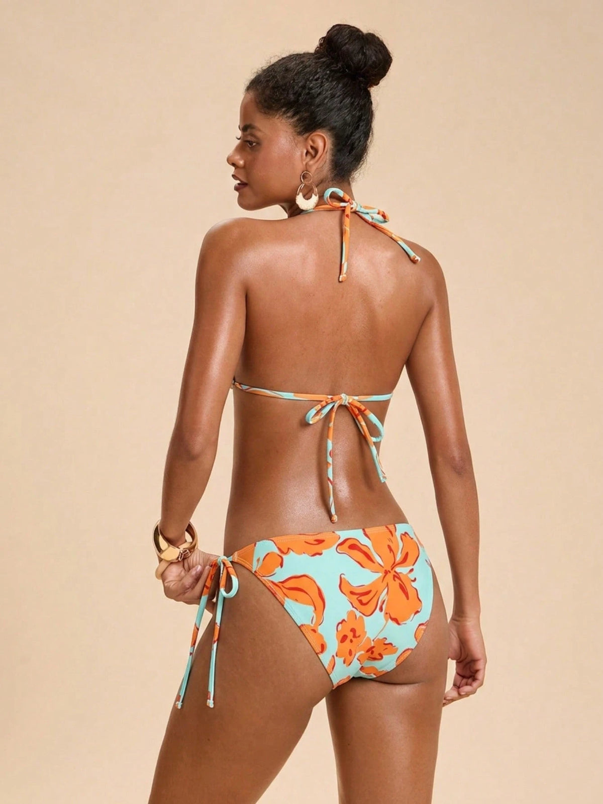 Travachic Women's Summer Beach Floral Print Halter Tie Sexy Tropical Fashion Bikini Two-Piece Swimsuit Set Orange